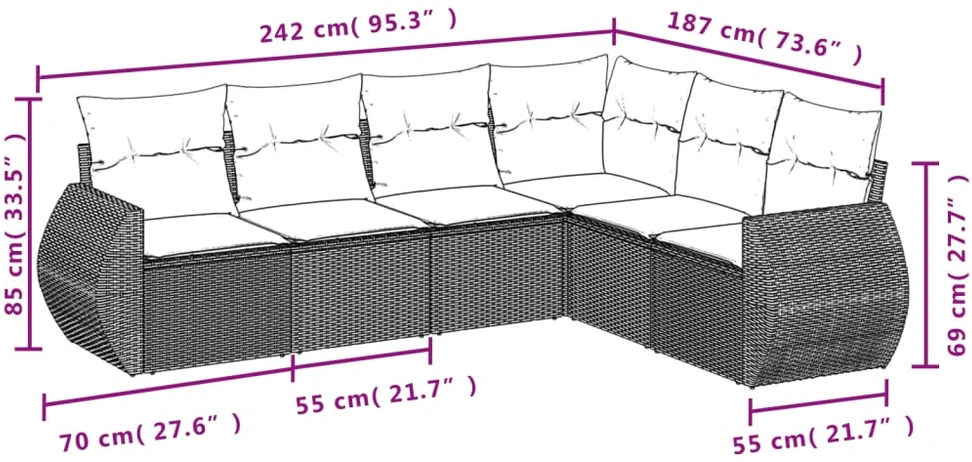 Sofa Sofos komplektas su pagalvėlėmis, 6 dalių, pilkas, poliratanas