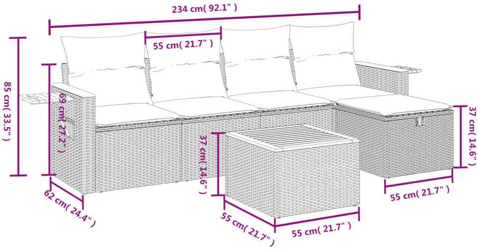 Sofa Sofos komplektas su pagalvėlėmis, 6 dalių, smėlio, poliratanas