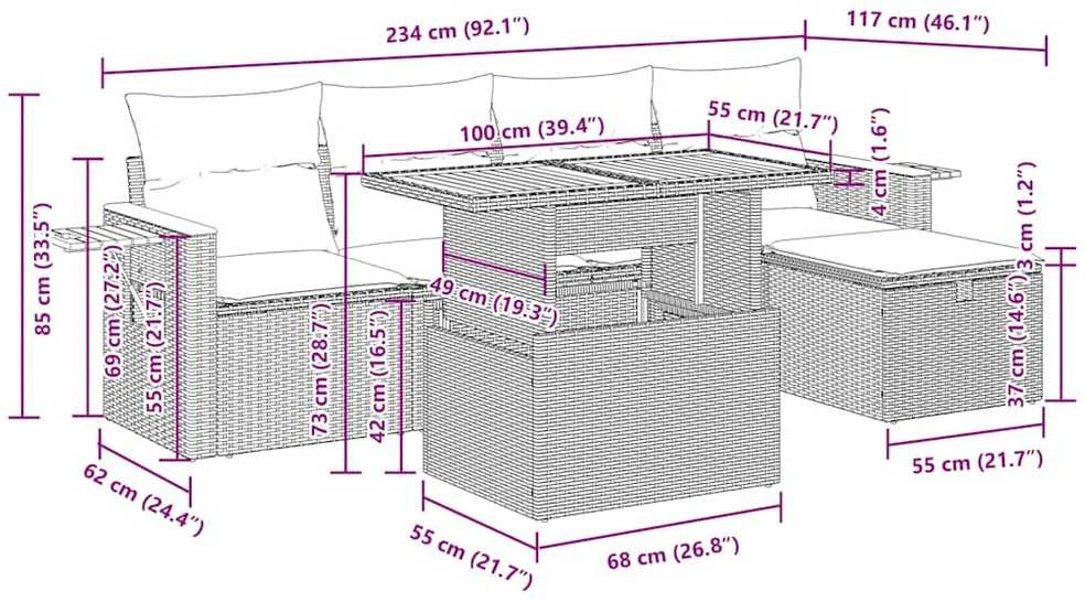 Lauko baldų komplektas Sofos komplektas su pagalvėlėmis, 6 dalių, juodas, poliratanas