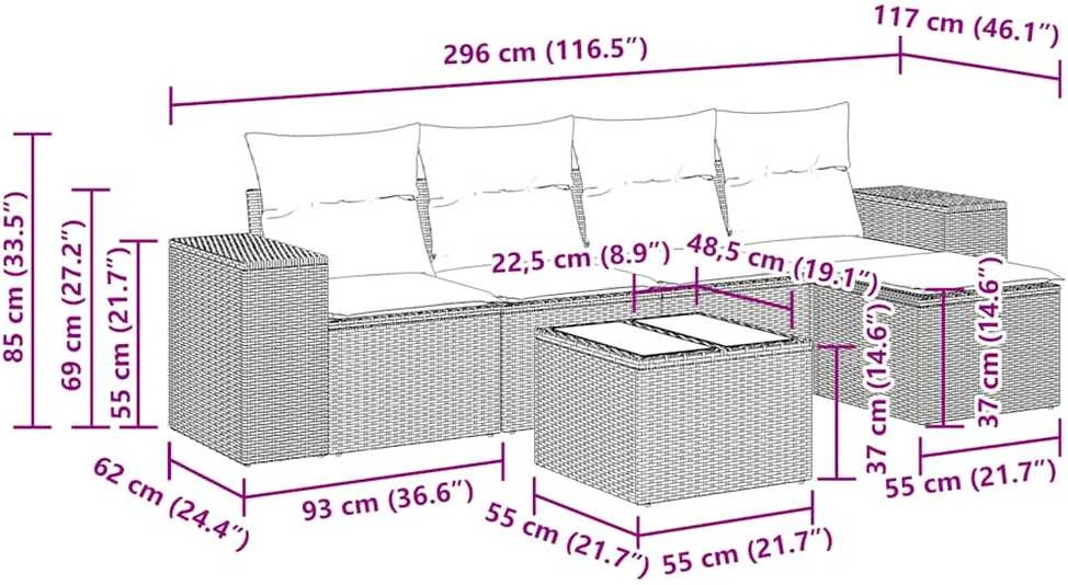 Sofos komplektas su pagalvėlėmis, 6 dalių, smėlio, poliratanas