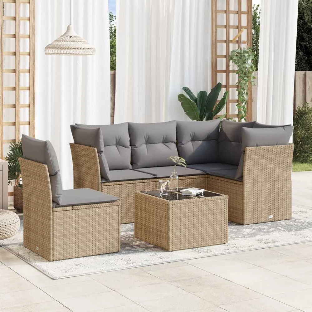 Sofa Sofos komplektas su pagalvėlėmis, 6 dalių, smėlio, poliratanas