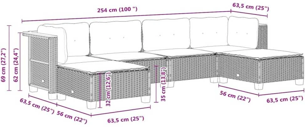 Lauko baldų komplektas Sofos komplektas su pagalvėlėmis, 6 dalių, juodas, poliratanas