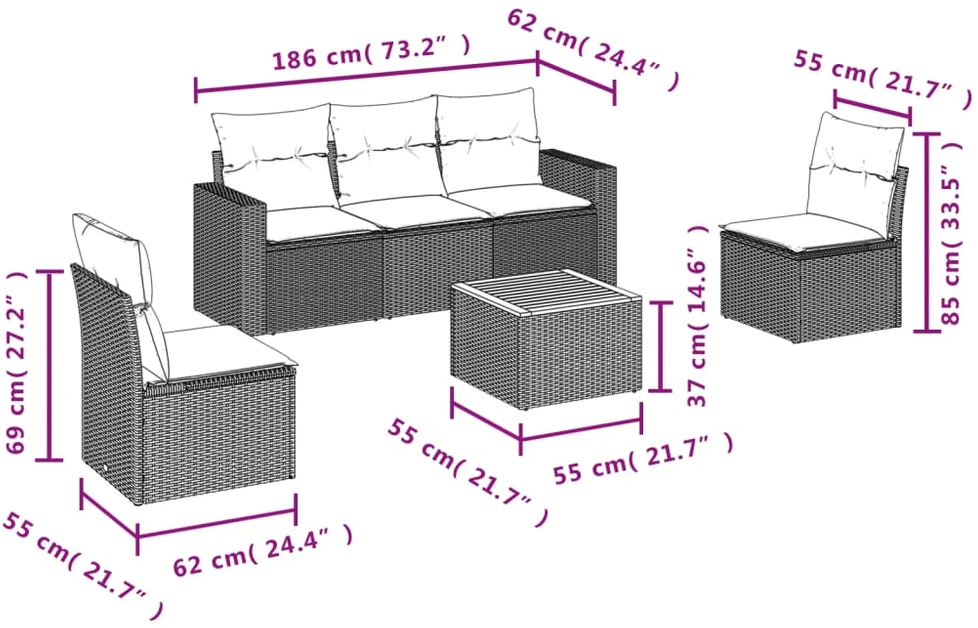 Sofa Sofos komplektas su pagalvėlėmis, 6 dalių, smėlio, poliratanas