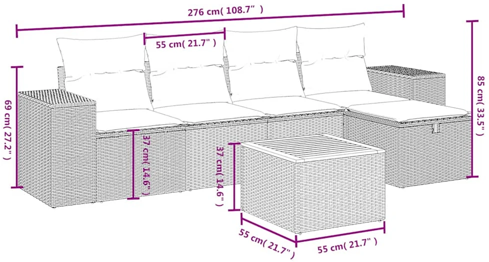 Sofa Sofos komplektas su pagalvėlėmis, 6 dalių, juodas, poliratanas