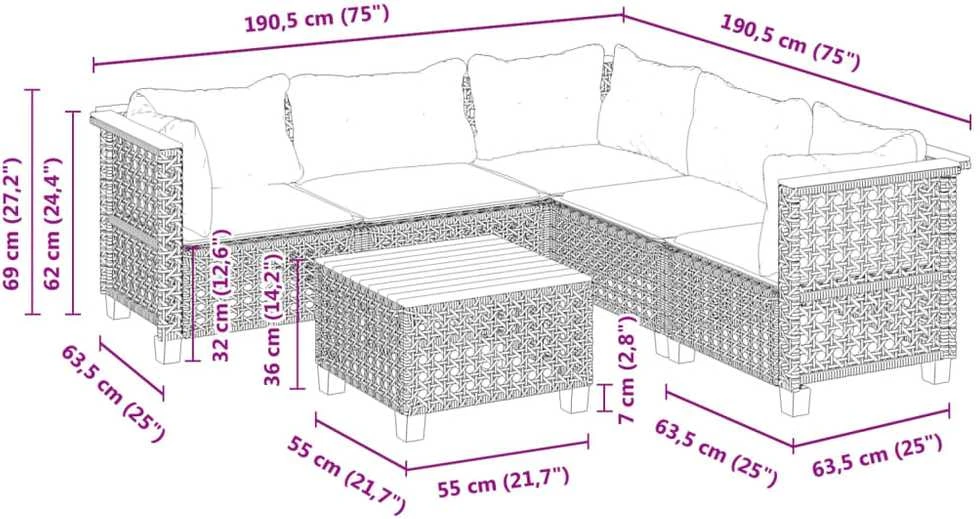 Lauko baldų komplektas Sofos komplektas su pagalvėlėmis, 6 dalių, pilkas, poliratanas