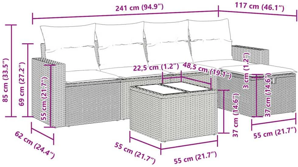 Sofa Sofos komplektas su pagalvėlėmis, 6 dalių, juodas, poliratanas