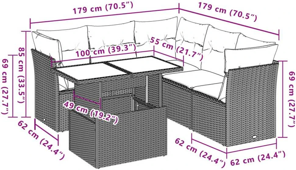 Lauko baldų komplektas Sofos komplektas su pagalvėlėmis, 6 dalių, pilkas, poliratanas