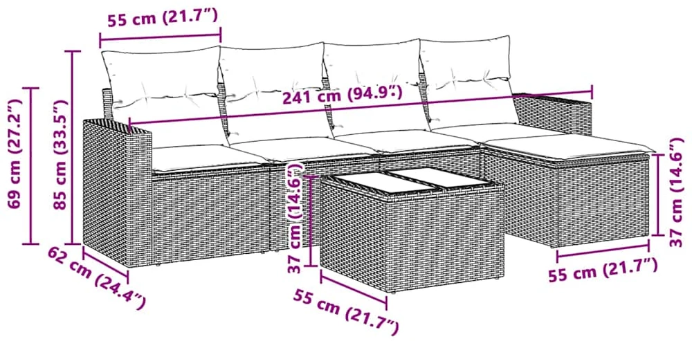Sofa Sofos komplektas su pagalvėlėmis, 6 dalių, pilkas, poliratanas