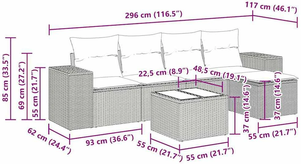 Lauko baldų komplektas Sofos komplektas su pagalvėlėmis, 6 dalių, smėlio, poliratanas