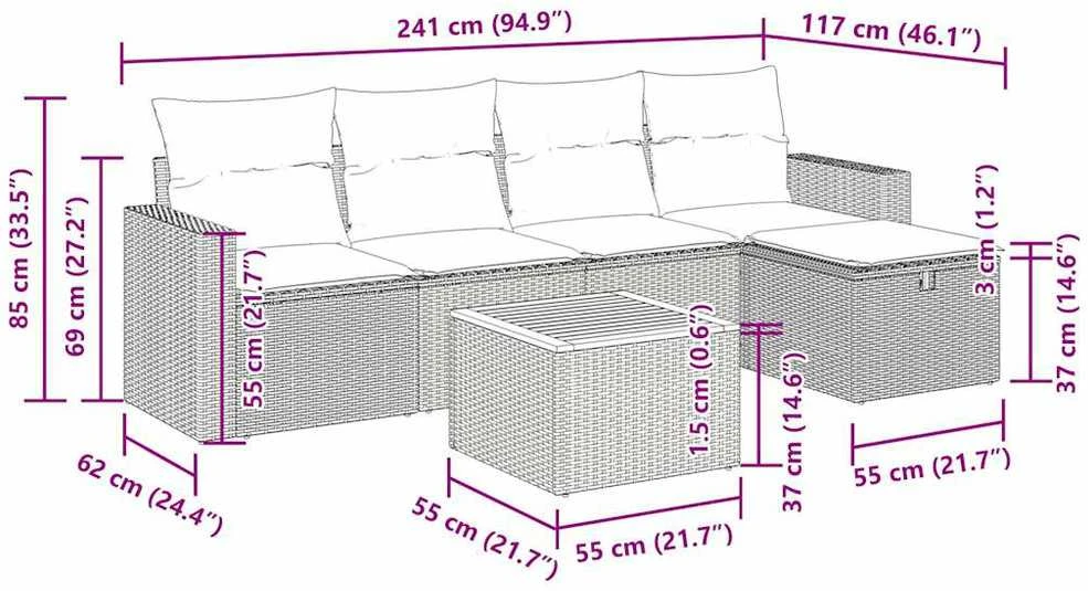 Lauko baldų komplektas Sofos komplektas su pagalvėlėmis, 6 dalių, pilkas, poliratanas