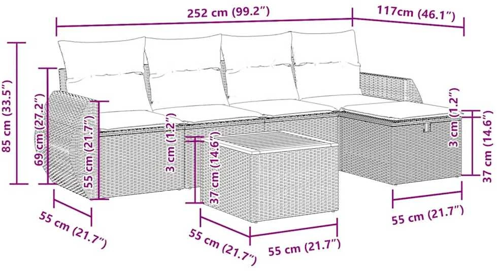 Sofos komplektas su pagalvėlėmis, 6 dalių, smėlio, poliratanas