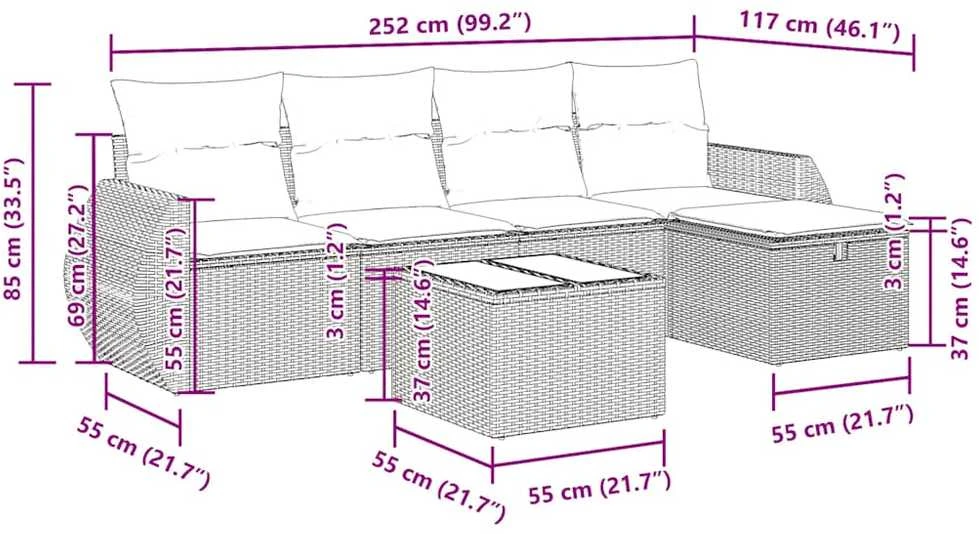 Sofos komplektas su pagalvėlėmis, 6 dalių, smėlio, poliratanas