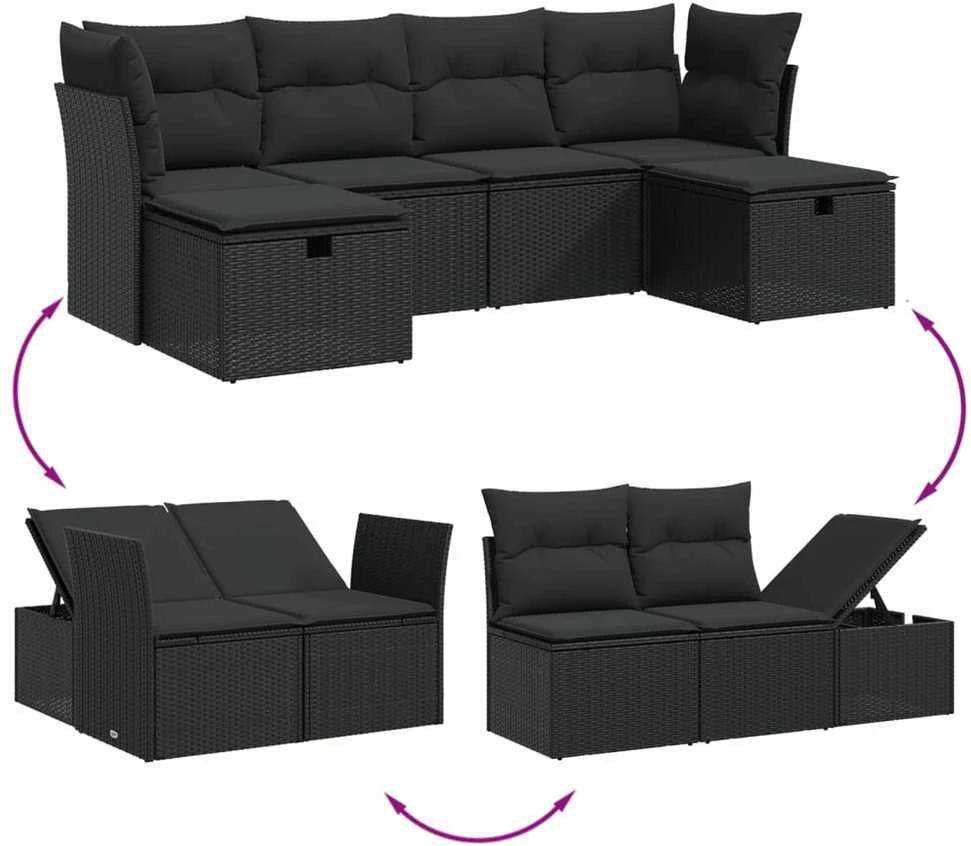 Lauko baldų komplektas Sofos komplektas su pagalvėlėmis, 6 dalių, juodas, poliratanas