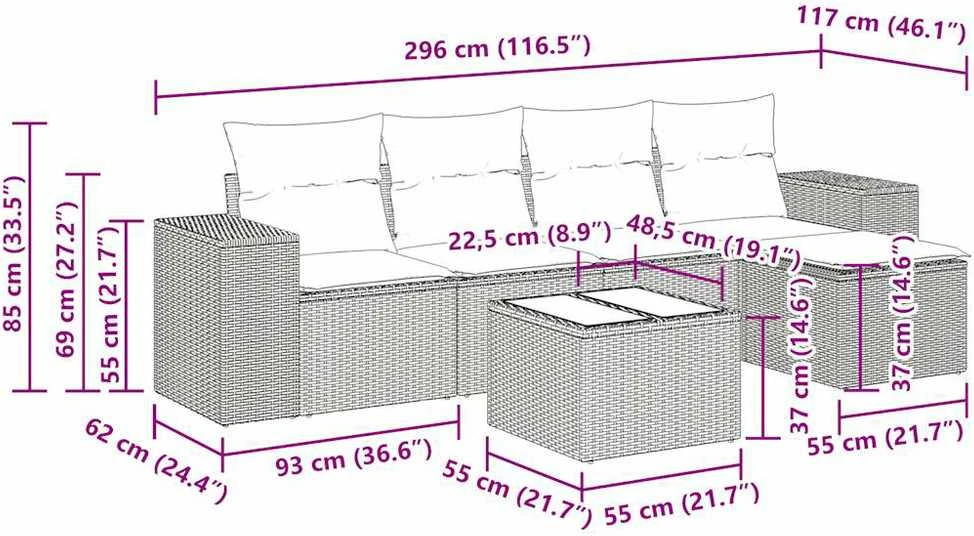 Lauko baldų komplektas Sofos komplektas su pagalvėlėmis, 6 dalių, smėlio, poliratanas
