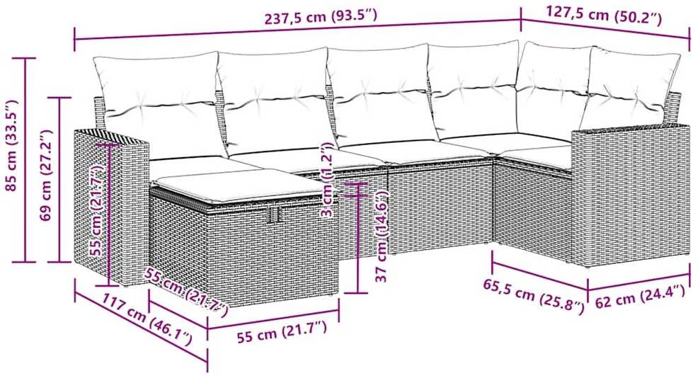 Sofa Sofos komplektas su pagalvėlėmis, 6 dalių, pilkas, poliratanas