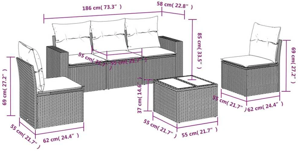 Sofa Sofos komplektas su pagalvėlėmis, 6 dalių, smėlio, poliratanas