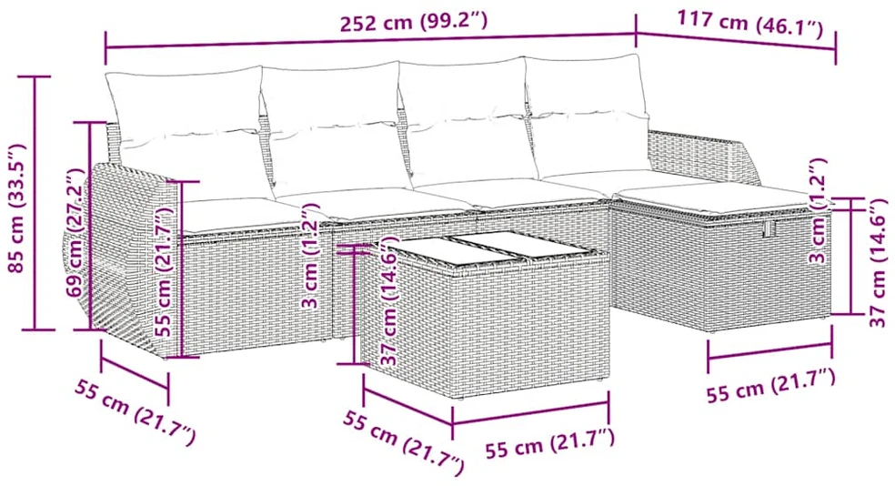 Sofos komplektas su pagalvėlėmis, 6 dalių, rudas, poliratanas