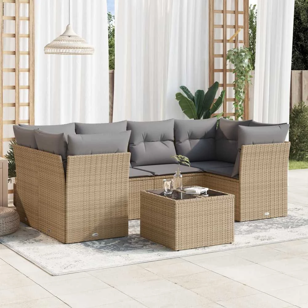 Sofa Sofos komplektas su pagalvėlėmis, 7 dalių, smėlio, poliratanas