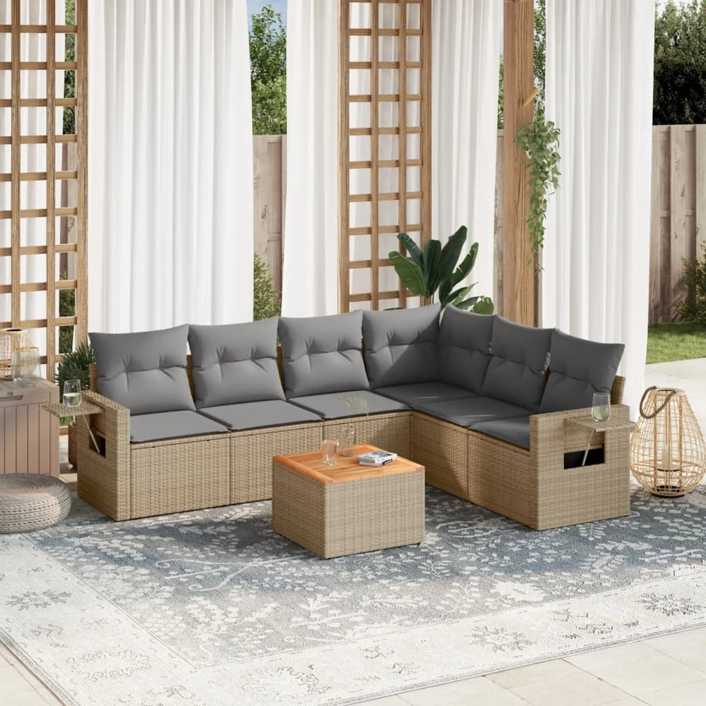 Sofa Sofos komplektas su pagalvėlėmis, 7 dalių, smėlio, poliratanas