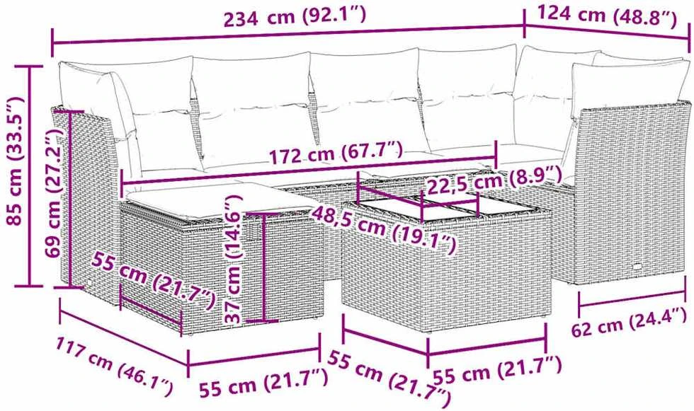Lauko baldų komplektas Sofos komplektas su pagalvėlėmis, 7 dalių, juodas, poliratanas