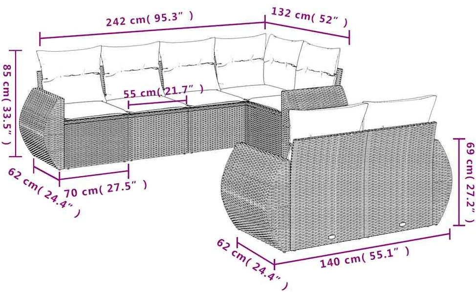 Sofos komplektas su pagalvėlėmis, 7 dalių, juodas, poliratanas