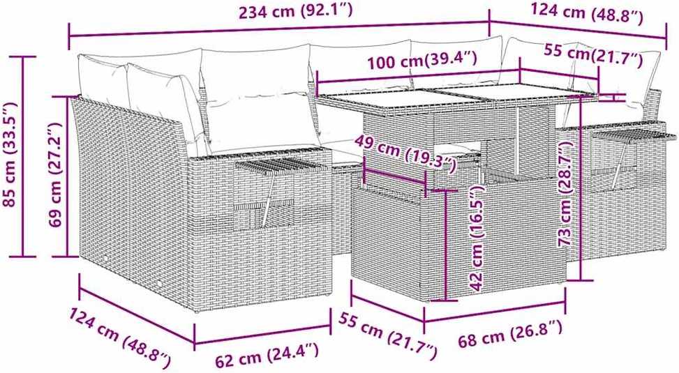 Lauko baldų komplektas Sofos komplektas su pagalvėlėmis, 7 dalių, pilkas, poliratanas