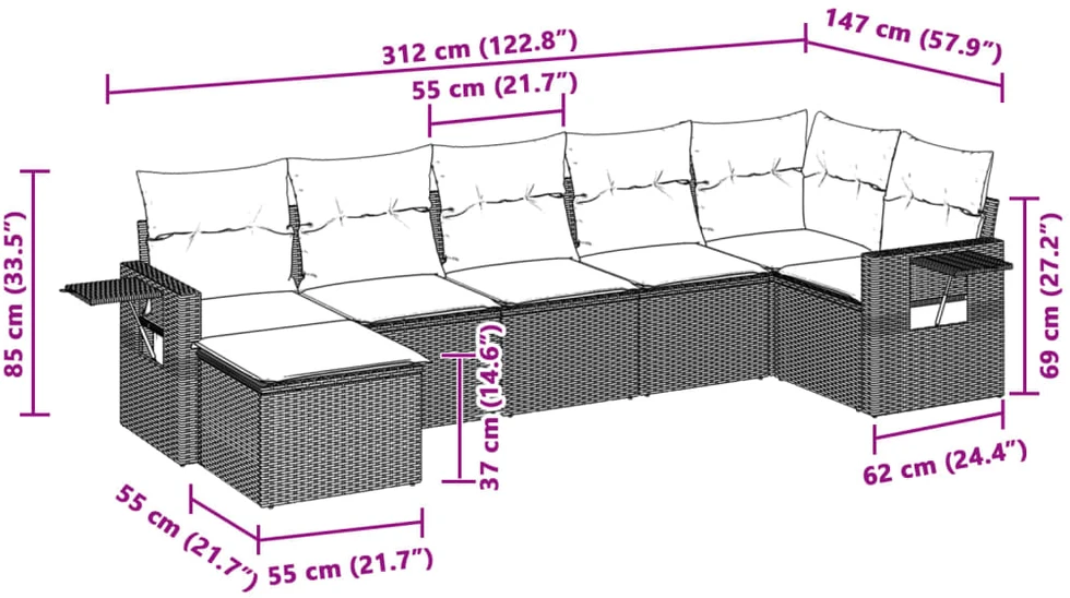 Sofa Sofos komplektas su pagalvėlėmis, 7 dalių, pilkas, poliratanas
