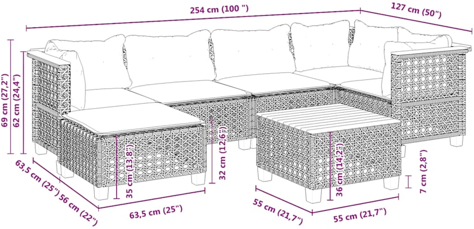 Sofos komplektas su pagalvėlėmis, 7 dalių, smėlio, poliratanas