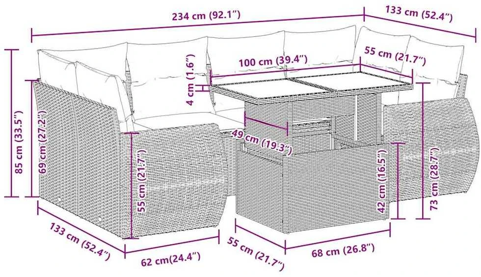 Lauko baldų komplektas Sofos komplektas su pagalvėlėmis, 7 dalių, juodas, poliratanas