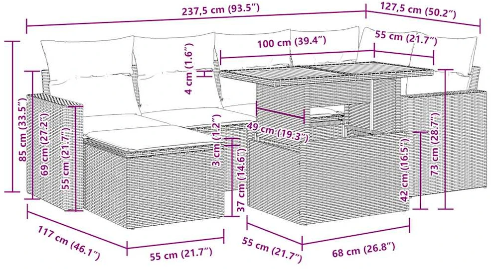 Lauko baldų komplektas Sofos komplektas su pagalvėlėmis, 7 dalių, smėlio, poliratanas