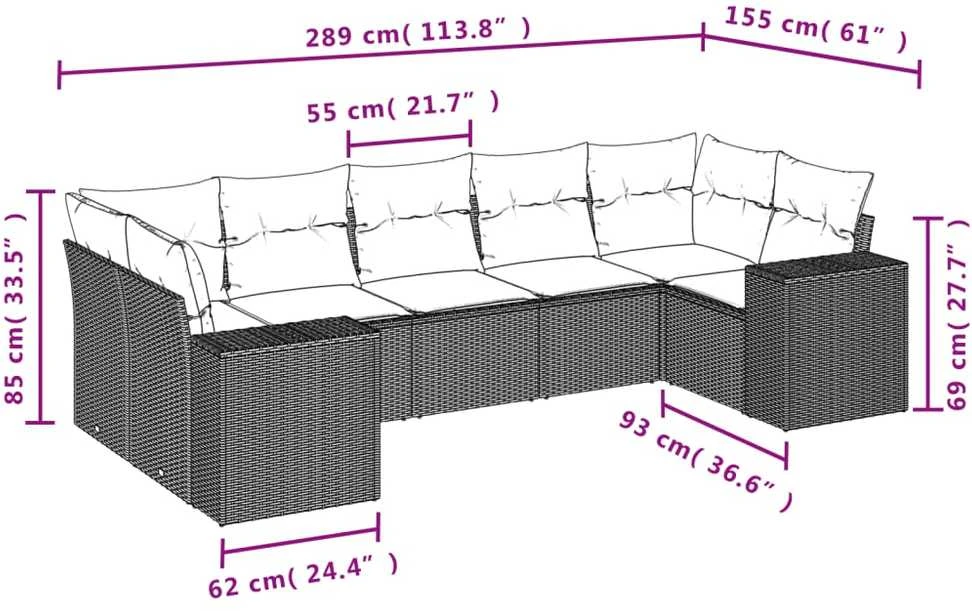 Lauko baldų komplektas Sofos komplektas su pagalvėlėmis, 7 dalių, juodas, poliratanas