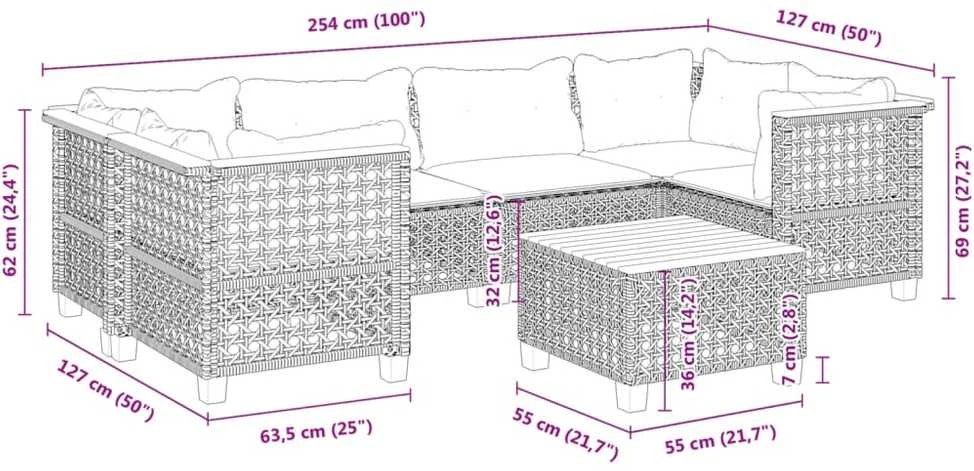 Lauko baldų komplektas Sofos komplektas su pagalvėlėmis, 7 dalių, juodas, poliratanas