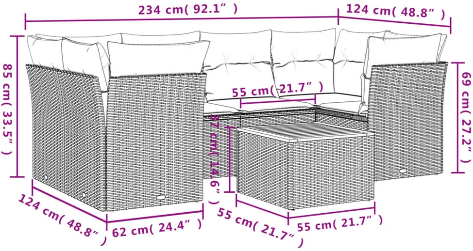 Sofa Sofos komplektas su pagalvėlėmis, 7 dalių, smėlio, poliratanas