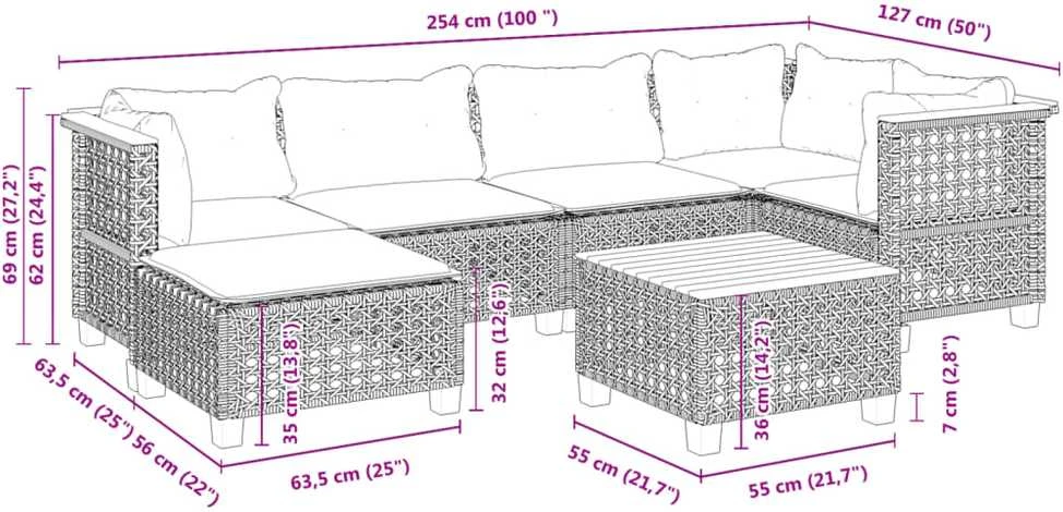 Lauko baldų komplektas Sofos komplektas su pagalvėlėmis, 7 dalių, juodas, poliratanas