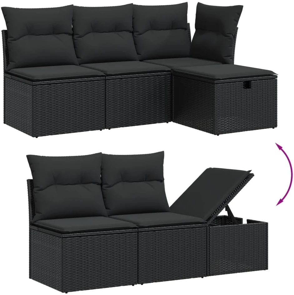 Lauko baldų komplektas Sofos komplektas su pagalvėlėmis, 7 dalių, juodas, poliratanas