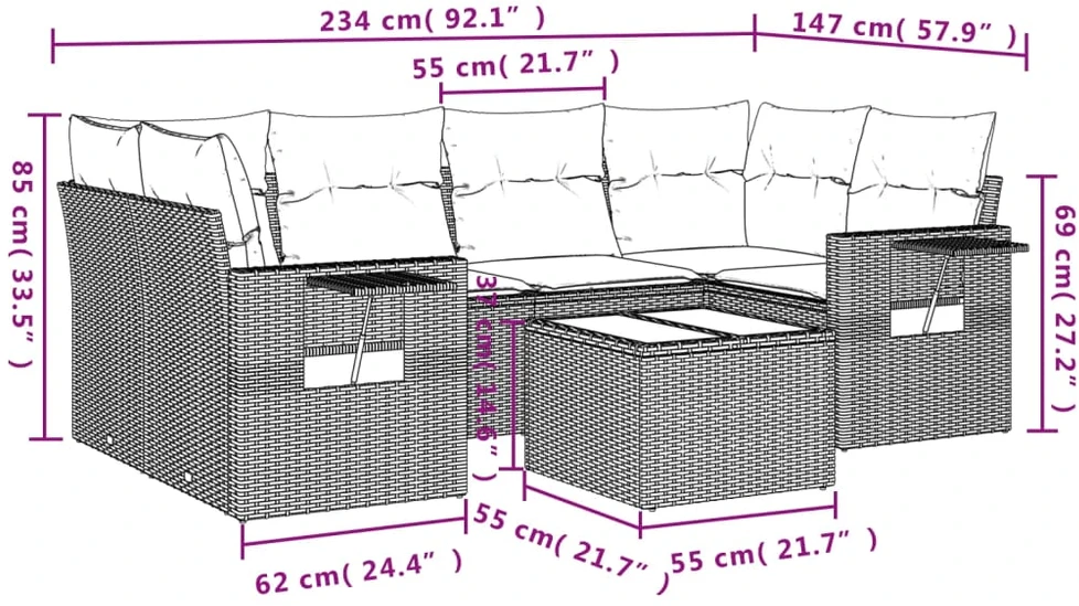 Sofa Sofos komplektas su pagalvėlėmis, 7 dalių, smėlio, poliratanas