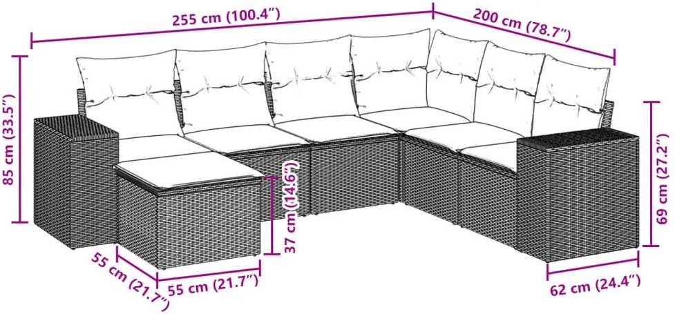 Sofos komplektas su pagalvėlėmis, 7 dalių, rudas, poliratanas