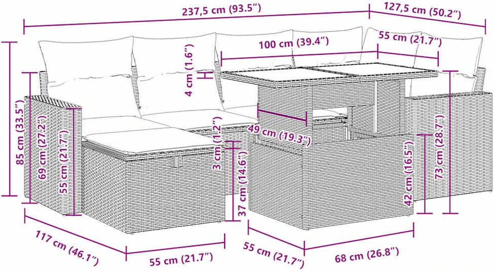 Sofos komplektas su pagalvėlėmis, 7 dalių, smėlio, poliratanas