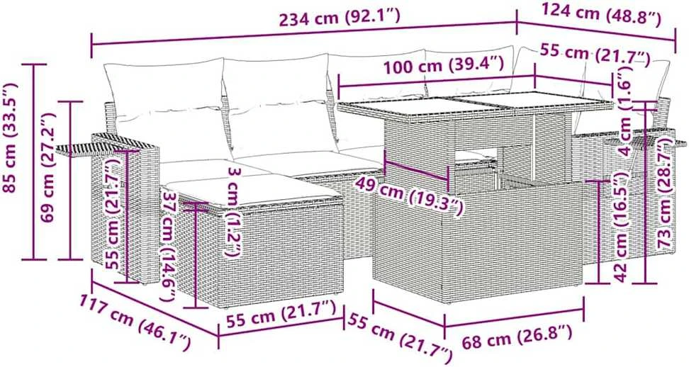 Lauko baldų komplektas Sofos komplektas su pagalvėlėmis, 7 dalių, juodas, poliratanas