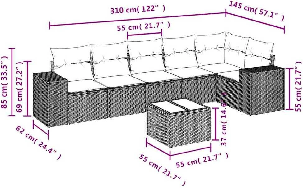 Sofa Sofos komplektas su pagalvėlėmis, 7 dalių, juodas, poliratanas