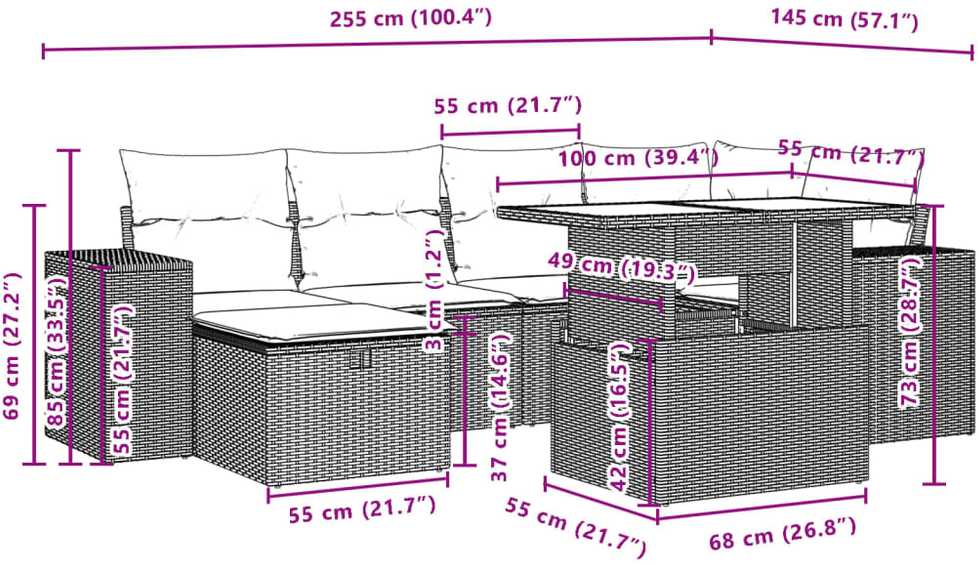 Sofa Sofos komplektas su pagalvėlėmis, 7 dalių, smėlio, poliratanas