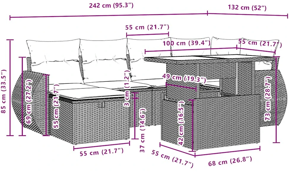 Lauko baldų komplektas Sofos komplektas su pagalvėlėmis, 7 dalių, juodas, poliratanas