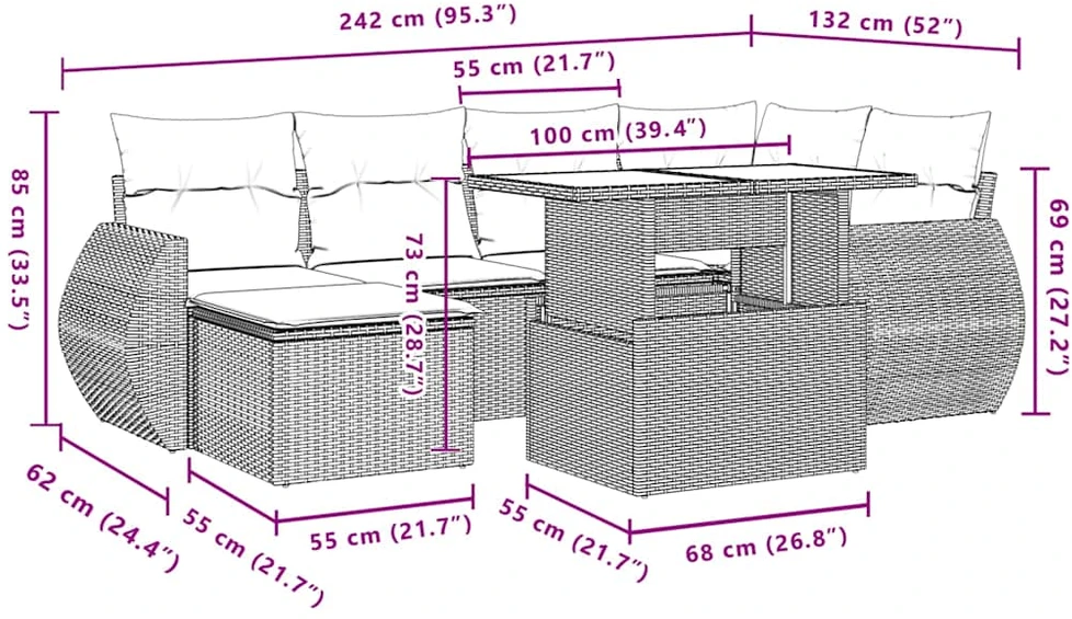Lauko baldų komplektas Sofos komplektas su pagalvėlėmis, 7 dalių, juodas, poliratanas