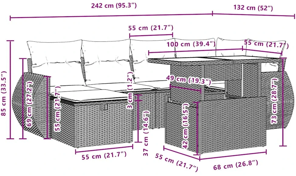 Sofa Sofos komplektas su pagalvėlėmis, 7 dalių, smėlio, poliratanas