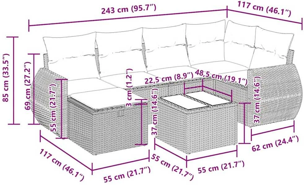 Lauko baldų komplektas Sofos komplektas su pagalvėlėmis, 7 dalių, smėlio, poliratanas