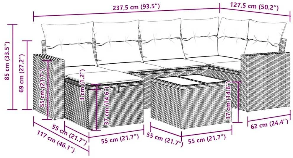 Lauko baldų komplektas Sofos komplektas su pagalvėlėmis, 7 dalių, pilkas, poliratanas