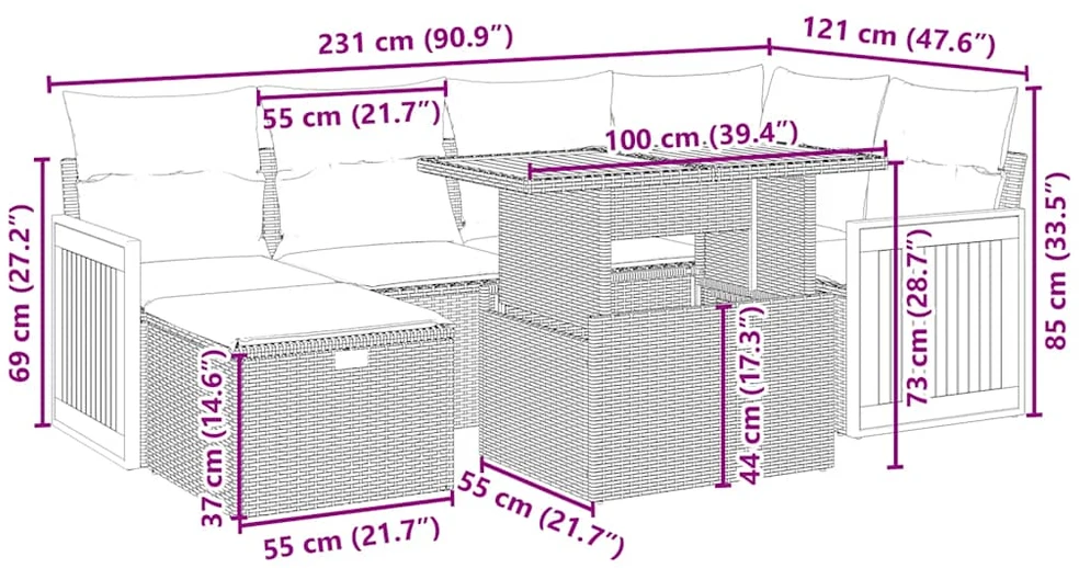 Sofa Sofos komplektas su pagalvėlėmis, 7 dalių, smėlio, poliratanas