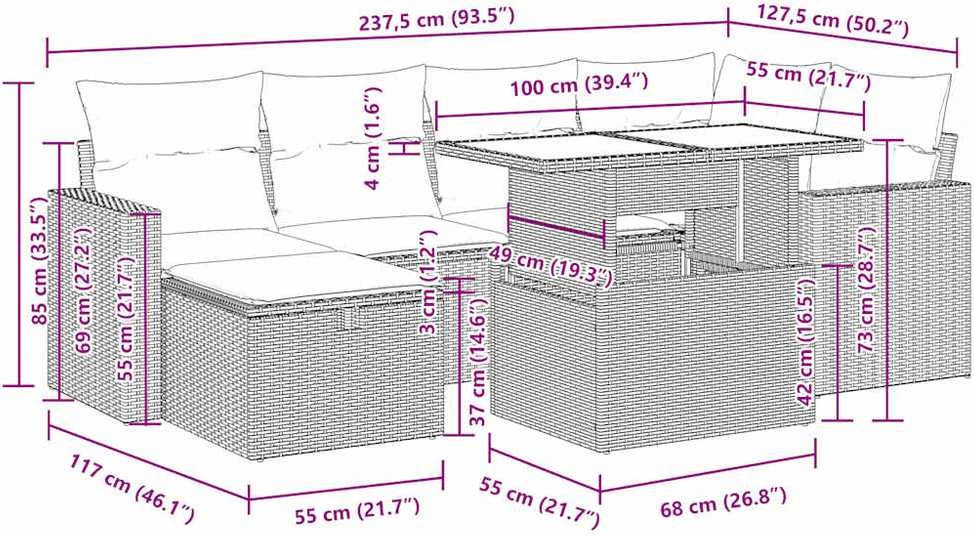 Lauko baldų komplektas Sofos komplektas su pagalvėlėmis, 7 dalių, smėlio, poliratanas