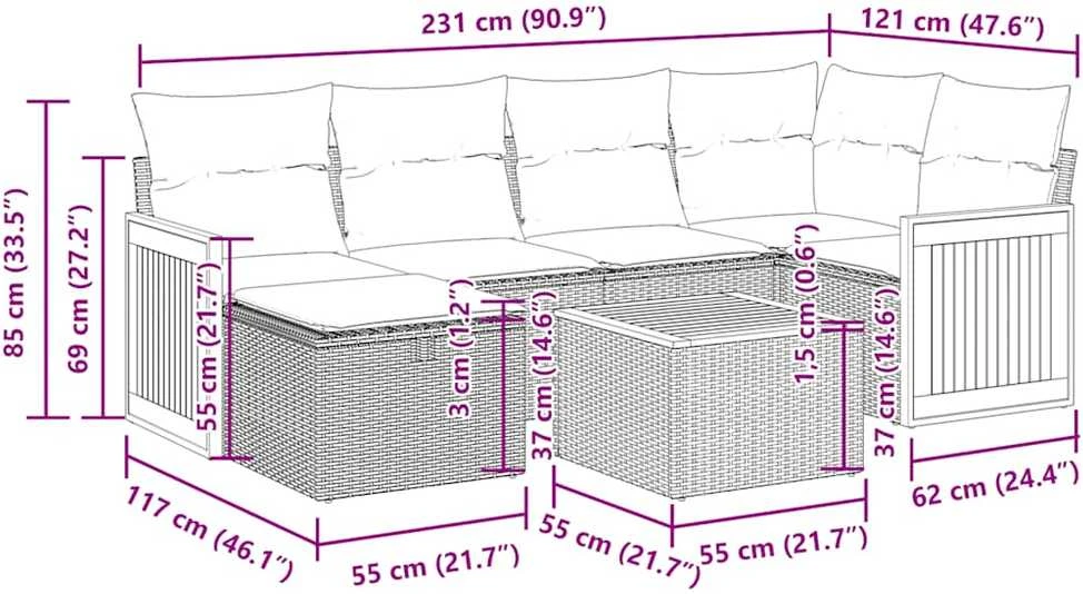Lauko baldų komplektas Sofos komplektas su pagalvėlėmis, 7 dalių, smėlio, poliratanas