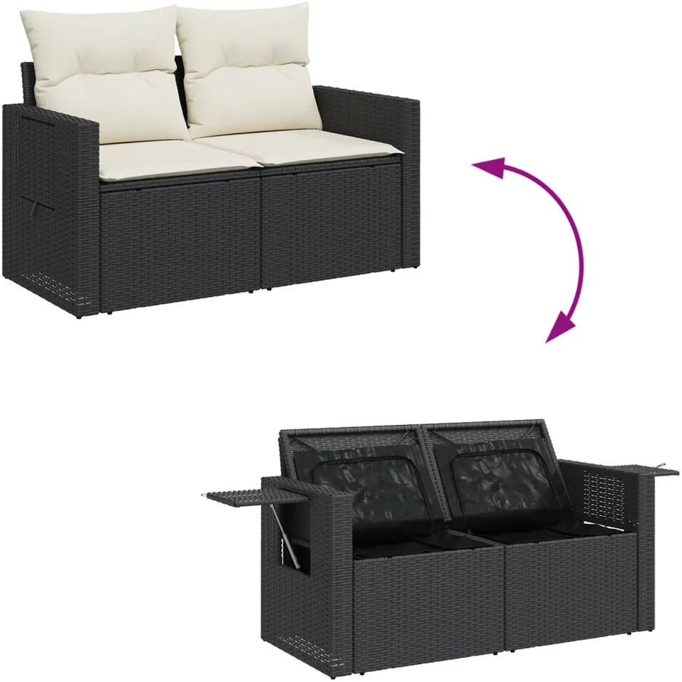 Sofa Sofos komplektas su pagalvėlėmis, 7 dalių, juodas, poliratanas